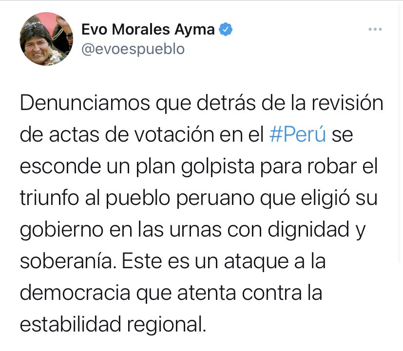 Libertad_Peru's tweet photo. EVO ESTA DESESPERADO, el es pinky de Cerron, Sagasti y Castillo.  Evo sabia que Sagasti llamo a Vargas Llosa antes que todo el Peru. Si Evo ta asao es buena señal
Campo de Marte #RespetaMiVoto #SOSPeru https://t.co/gPiWk1VxWo