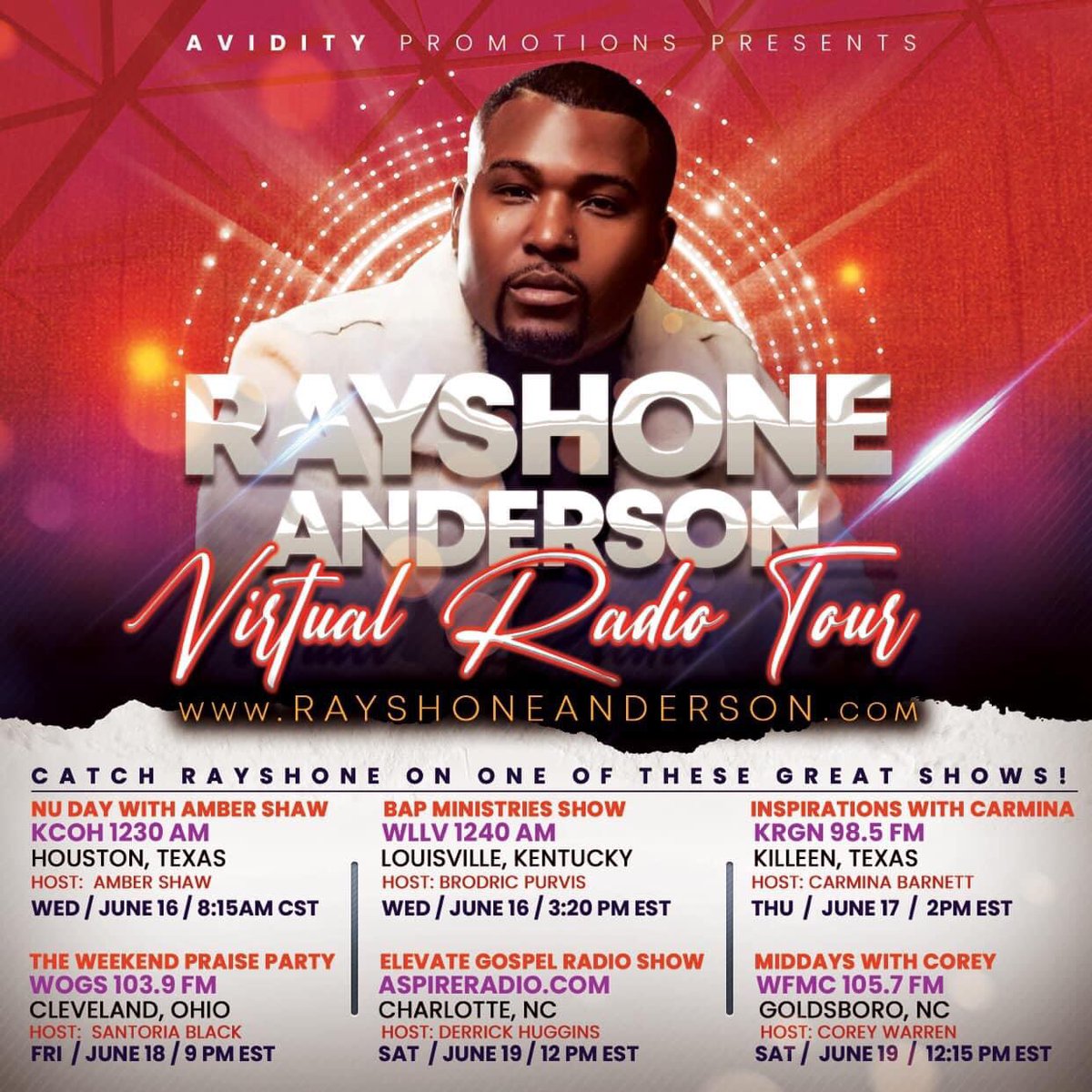I’m excited that I’m participating in my FIRST #VirtualRadioTour!

For radio servicing and interviews, contact <a href="/1DerrickHuggins/">Derrick Huggins</a> of @AvidityPromo at 214-447-5601 or send an email to info@aviditypromo.com! 

For booking and more info, visit RayshoneAnderson.com!