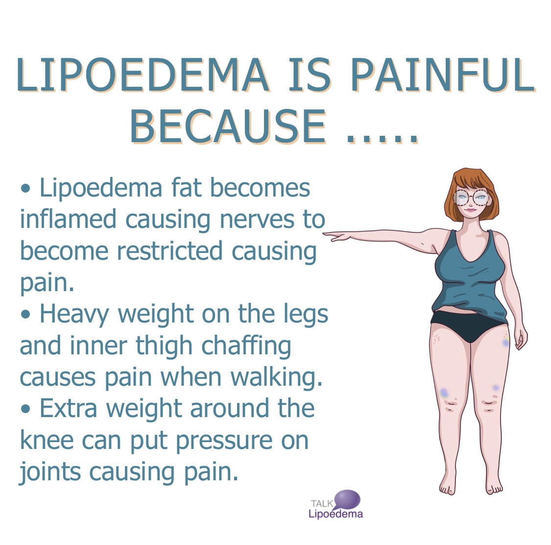 talklipoedema's tweet image. Lipoedema can be extremely painful to live with...... from painful bruises that appear from nowhere to pain in your joints from having heavy limbs. Some sufferers get severe pain others it’s mild, we are all different 💜 #loveourlimbs #lipoedemaawarenessmonth #belipoedemabody ...
