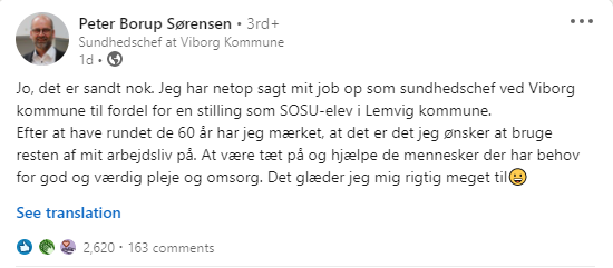 Hargir's tweet photo. Der er sjældent, jeg læser noget på LinkedIn, der fylder mig med beundring. Det her dog... ❤️

Viborg Kommunes sundhedschef, med øverste ansvar for rehabilitering og genoptræning, har valgt at opsige sin stilling, for i stedet at tiltræde end stilling som...

SOSU-elev 👏👏👏 https://t.co/RAHiXoHayW