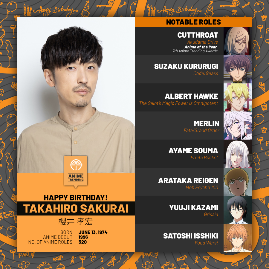 AniTrendz's tweet photo. Happy 47th Birthday to Takahiro Sakurai (櫻井 孝宏)! He's the voice behind Cutthroat (Akudama Drive - #7thATA Anime of the Year of 2020) and Suzaku Kururugi from one of the classic anime - Code Geass.

🔥 7th ATA Winners: https://t.co/LY11eslhsy https://t.co/r7nDOdfqRs