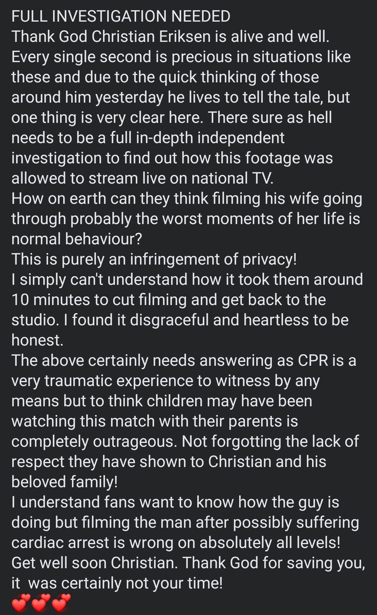Samira_Boussaid's tweet photo. FULL INVESTIGATION NEEDED
Thank God ChristianEriksen is alive. See Image Below for info
#bbcnews @BBCNews #Eriksen #BreakingNews #CPR #cardiacarrest #fullinvestigation @SkyNews #newsdesk #Privacy #report #Press #ChristianEriksen #EUROS2020 #share #football #footytwitter #Euro2021 https://t.co/cP7c6oXfAh