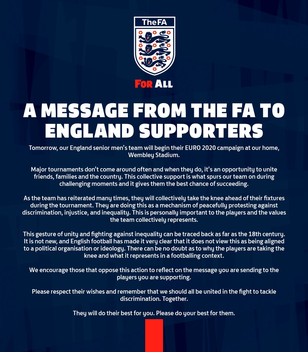 TeeDixie's tweet photo. To those that boo, read this, it CANNOT be made any clearer.
#StopTheHate #EnglandSquad #DoNotBoo #ENG https://t.co/5u7I3SGhCy