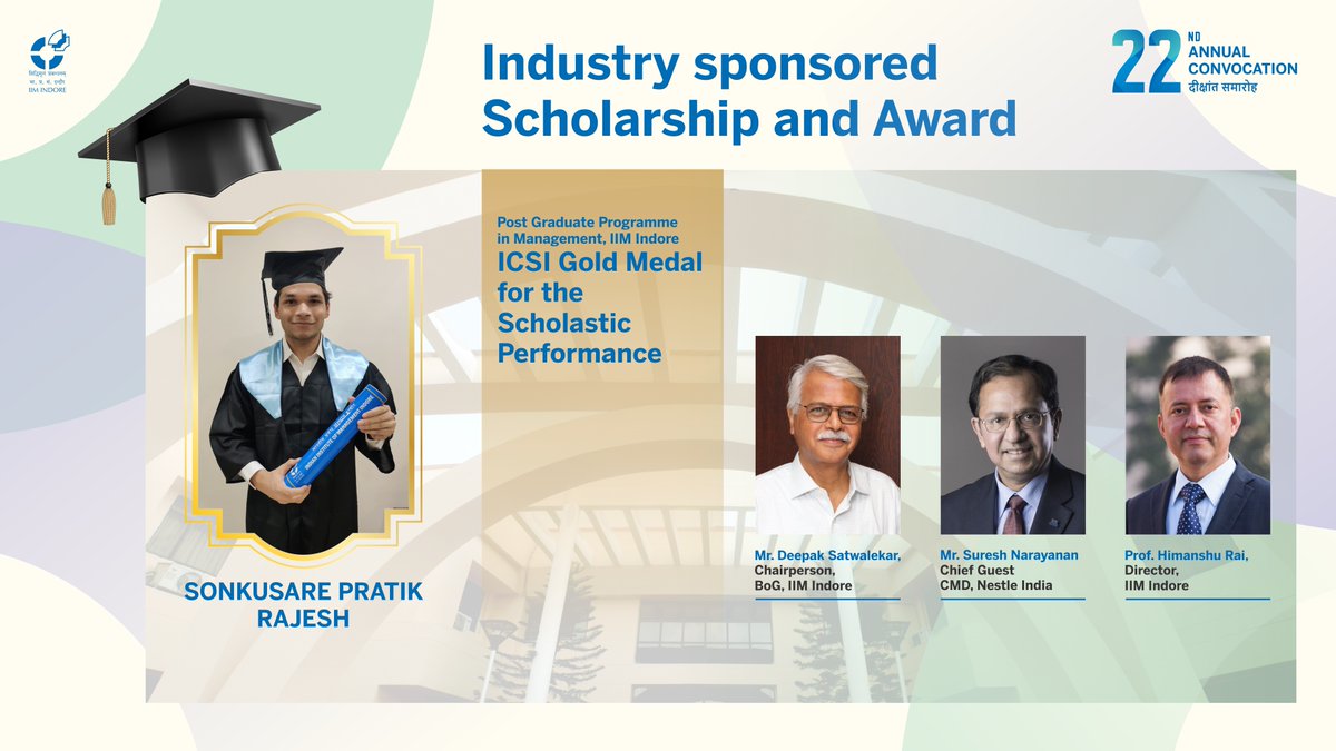 IIM_I's tweet photo. #22ndConvocation: Congratulations to the Industry Sponsored Scholarship & Award Recipients from PGP 2019-21.
#IIMIat25 #IIMI #IIMIndore #Convocation #Graduation @askhimanshurai https://t.co/EglkKA1n1y