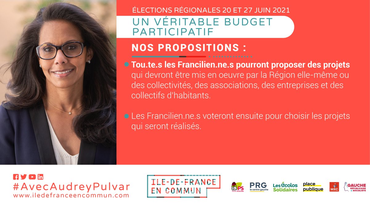 idf_encommun's tweet photo. J-6 des #regionales2021. Aujourd'hui, les propositions d'@AudreyPulvar pour la démocratie
👉 Assemblée Citoyenne du long terme
👉 Référendums régionaux d'initiative citoyenne
👉 Véritable budget participatif
👉 Décision associant les citoyens

A demain pour d'autres propositions! https://t.co/SOKliqm9Iv