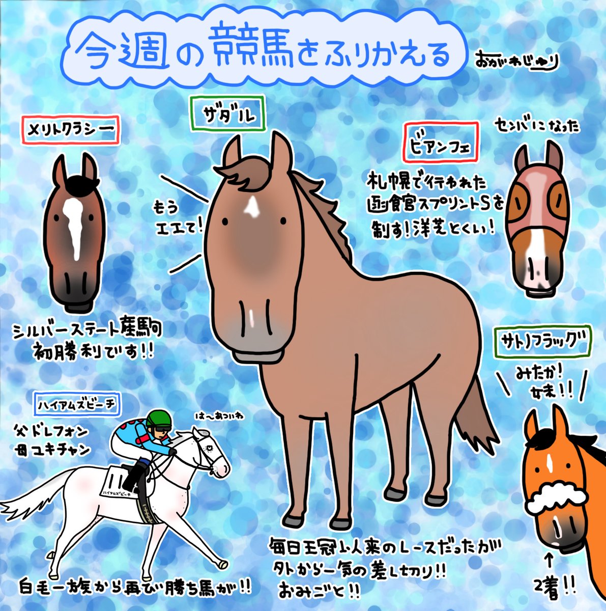 今週の競馬を振り返る
ザダルって栗毛ってなってるけど
結構、黒いですよね(栃栗毛みたいな色ですよね)
新馬戦も始まって夏になってまいりました
国枝先生が「妹が頑張ってるから、お兄ちゃんも
いいところ見せて欲しい」みたいなことを
言っていたけど、まさにいいところを見せた
サトノフラッグ。 