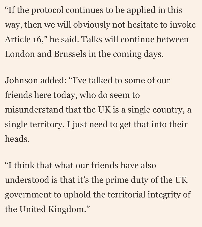 pmdfoster's tweet photo. Johnson: “It’s the prime duty of the UK government to uphold the territorial integrity of the United Kingdom.”*

*except when I wanted to ‘get #brexit done’ to win an election. Then I happily sacrificed it, as my predecessor said no PM ever could. 

https://t.co/w1KDdA7w0n https://t.co/r60TIKNFeY