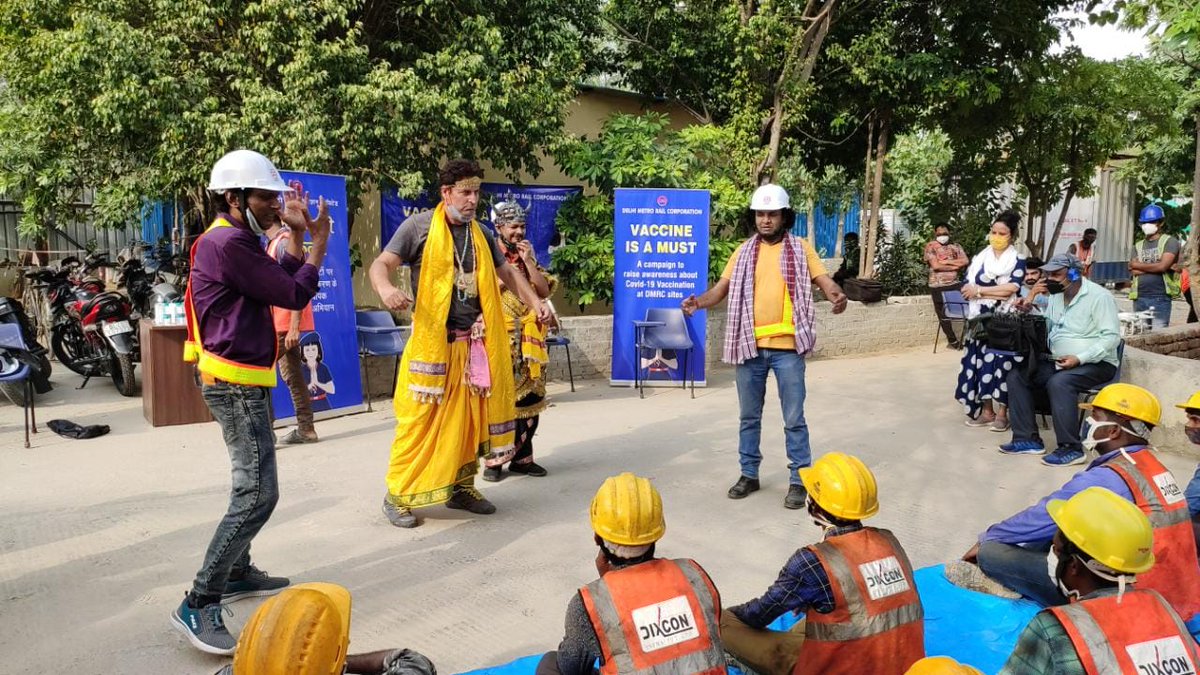 OfficialDMRC's tweet photo. As part of this campaign, Nukkad Nataks targeting small groups with a limited number of workers are being organized at construction sites. Social distancing &amp; all other protocols are being carefully ensured. Approx 3,000 workers are expected to be covered under this initiative. https://t.co/CSefa9MI5E