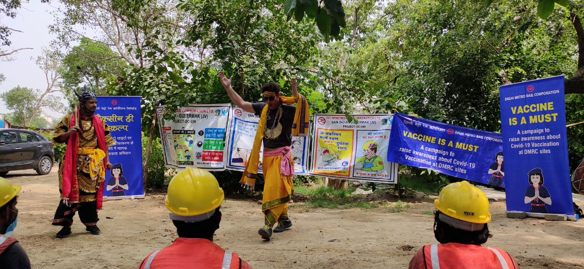 OfficialDMRC's tweet photo. In a unique initiative, the Delhi Metro is organizing a campaign to raise awareness about the benefits of vaccination against Covid – 19 at DMRC’s construction sites across the National Capital Region (NCR). https://t.co/UYjO821a9y