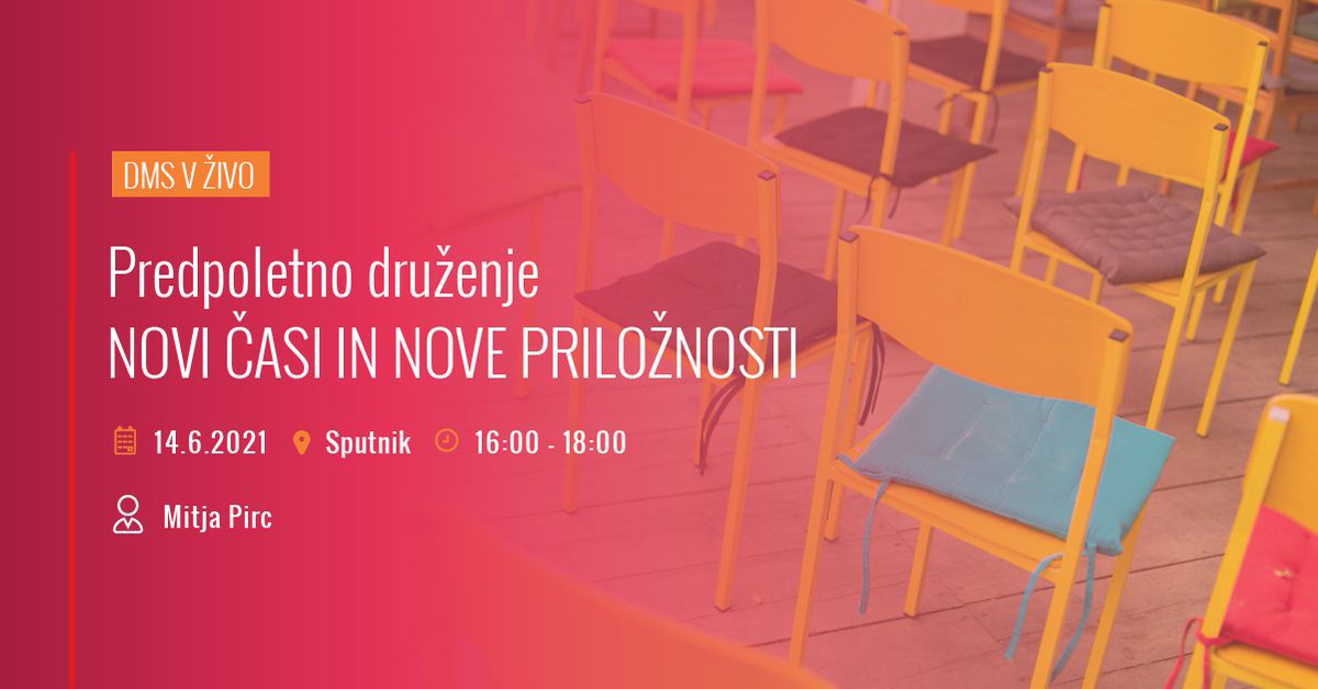 [DMS v ŽIVO] Predpoletno druženje: pogovor z dr. Mitjo Pircem
👉 14. junij ob 16. uri
👉 Dr. Mitja Pirc
👉 Kavarna Sputnik
👉 bit.ly/34SHYHM