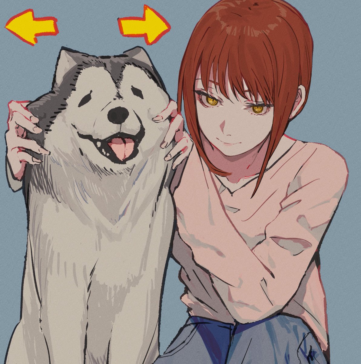 makima (chainsaw man) 1girl yellow eyes pants dog red hair simple background smile  illustration images