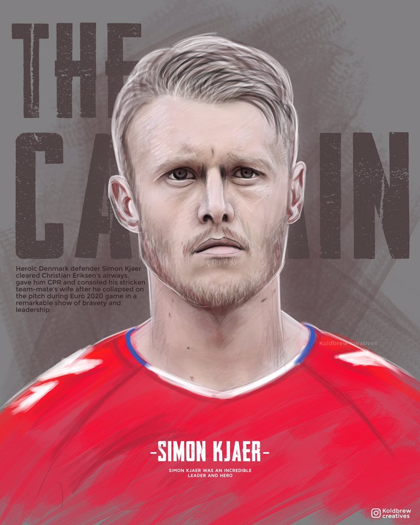 KoldbrewMedia's tweet photo. Heroic Denmark defender @simonkjaer1989 cleared Christian Eriksen 's airways, gave him CPR and consoled his stricken team-mate's wife after he collapsed on the pitch during Euro 2020 game in a remarkable show of bravery and leadership.

Art @KoldbrewMedia https://t.co/TLG2iyISwt