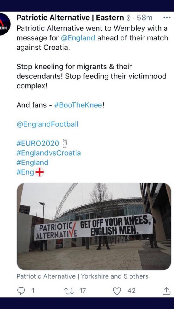 AntiRacismDay's tweet image. Disgraceful that the #FarRight are attempting to stir up booing of the #England team at Wembley today - show your support when the players #TakeTheKnee against racism before kick off #TheBeautifulGame is for everyone #EURO2020 #Euros2021 #EUROS2020 #BlackLivesMatter