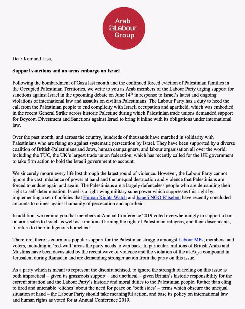 ArabLabour's tweet photo. Ahead of tomorrows parliamentary debate on Israel, we have written to Keir Starmer and Lisa Nandy to demand that Labour show real support for the inalienable rights of the Palestinian people by backing sanctions against Israel for its violations of international law #SanctionsNow https://t.co/Bt8L0jsdbR