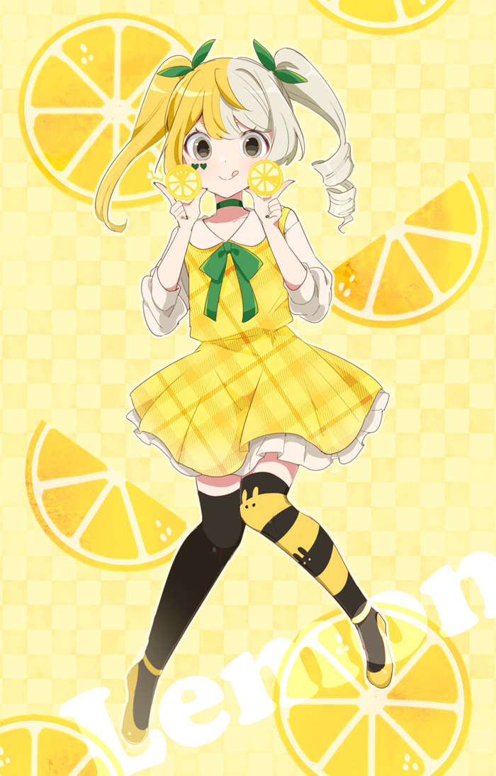 1girl solo food twintails thighhighs lemon fruit  illustration images