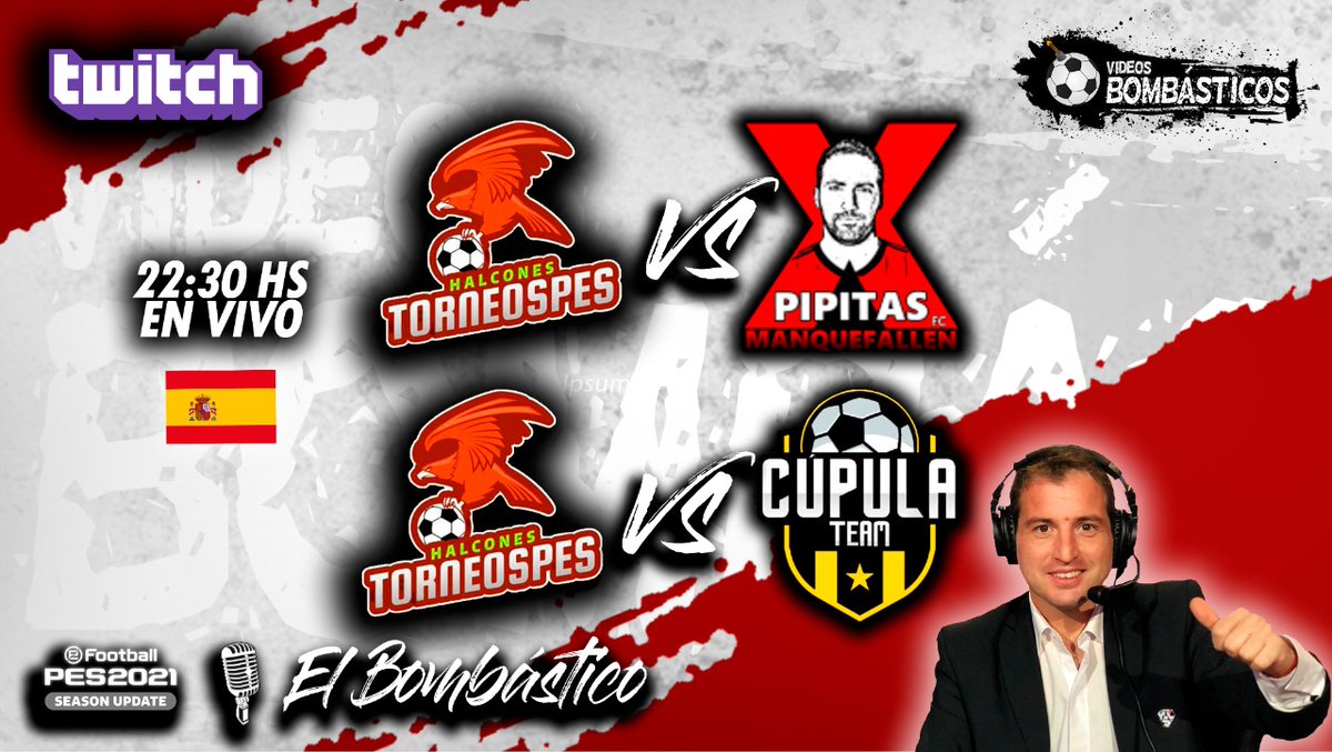 twitch.tv/elbombastico_ar

Está noche 22:30 os esperamos a todos para vivir el desenlace de la liga efa España donde nos jugamos el ascenso a la 1a división con los comentarios del grandísimo <a href="/IgnacioOstertag/">El Bombástico 🔴⚪</a> necesitamos vuestro apoyo <a href="/Halcones_tpes/">halcones torneospes</a> <a href="/LaCupulaTeam/">La Cúpula Team</a> <a href="/PipitasFC/">Pipitas FC❌</a>