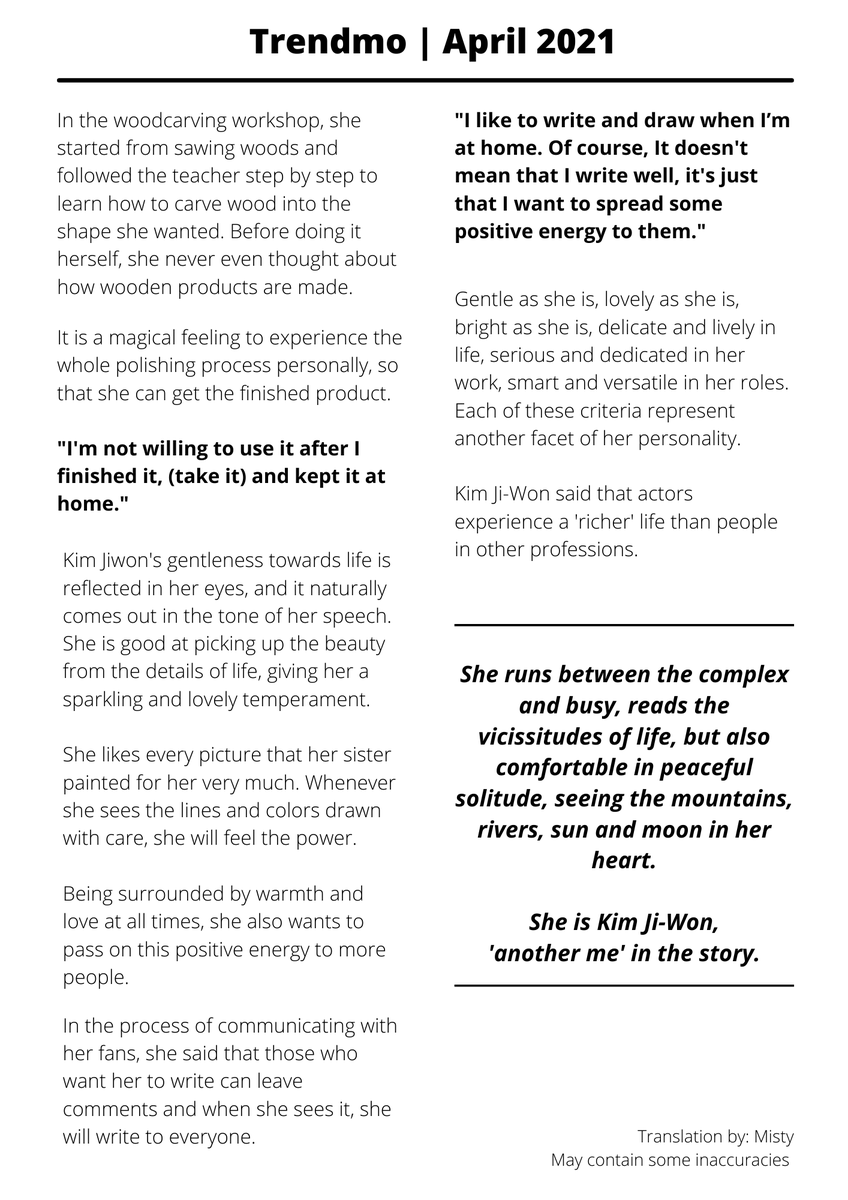 kjw_ily10000's tweet photo. [Eng Trans] Kim Jiwon for Trendmo magazine April 2021 issue - Part 2

~ Theme: Another Me

Sorry, translation might contain some inaccuracies but hope you guys enjoy this little sneak peak into the beautiful mind of our beautiful Geewonii ❤❤

#KimJiWon #김지원 https://t.co/gWWIy5k85J