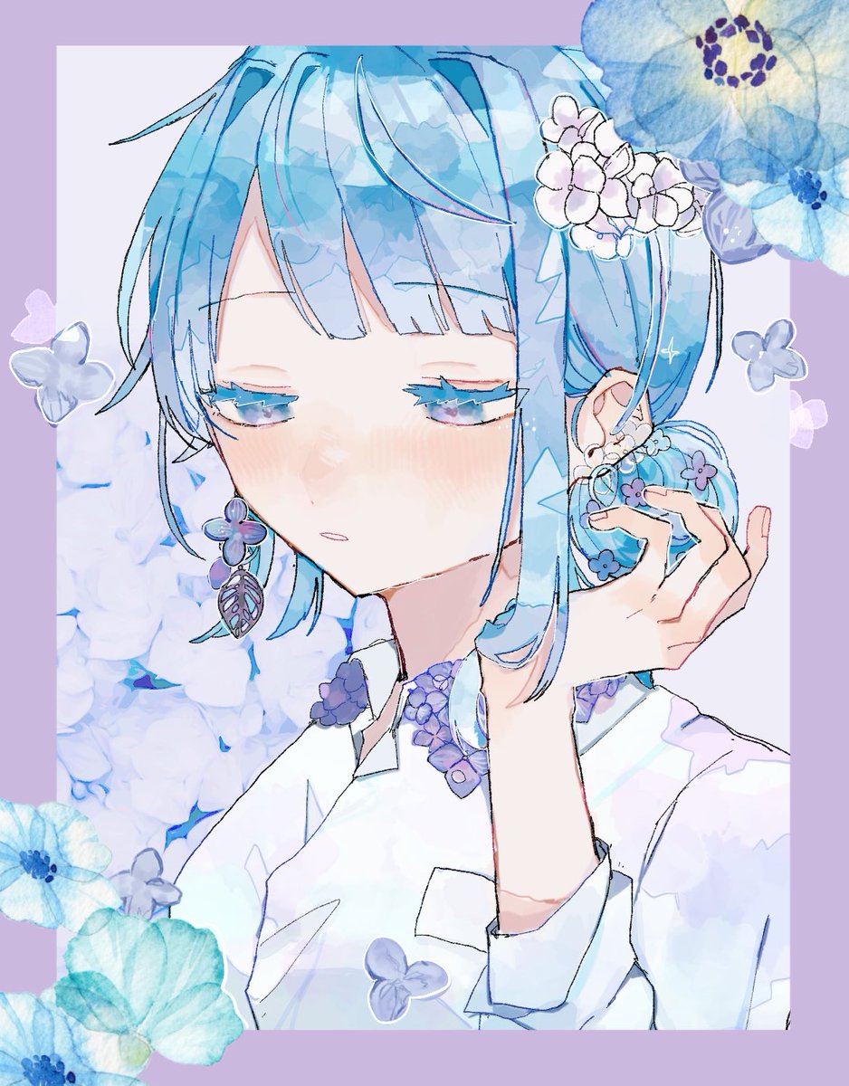 solo flower shirt blue hair 1girl white shirt jewelry  illustration images