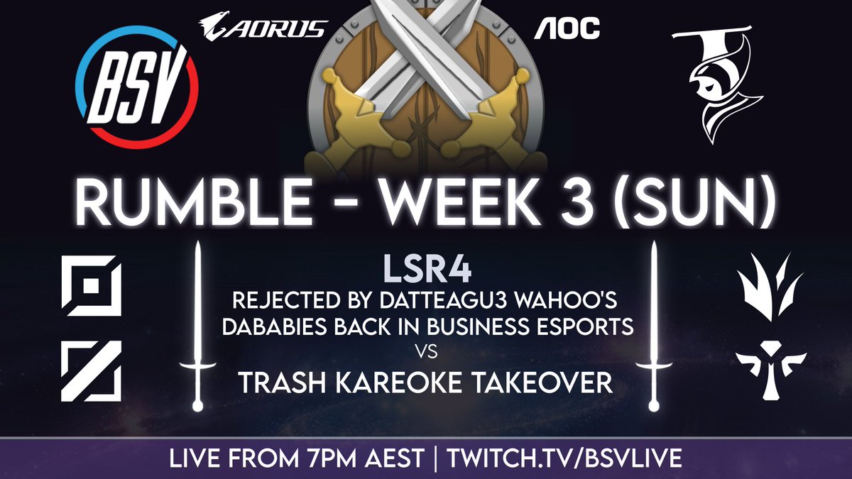 We're LIVE now over at twitch.tv/bsvlive with Week 3 of the @UNSW_Esports Rumble Play-Offs 

DWDB vs TKT in a best of 3 series. 

#LeagueofLegends #UNSW #esports