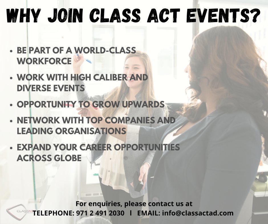 ClassActAD's tweet photo. JOIN OUR TEAM!

Be part of our successful events stories and experience the first-class show across the globe. 

#classactad #classactevents #abudhabi #uae #abudhabievents #dubaievents #uaeevents #eventmanagement #eventsindustry #worldclass #joinustoday #eventproduction https://t.co/O4naXyzvlg