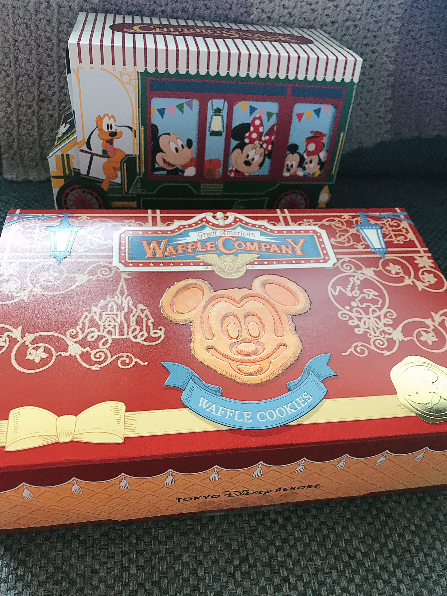 ディズニーで必ず買うお菓子のチュロススナックとワッフルクッキー チュロススナックはシナモンしっかりしてて ディズニーチュロスの味がする パケ買いしそうな缶のお菓子よりよっぽど美味しい この2つとポテトヘッドのスナックを買えば間違い