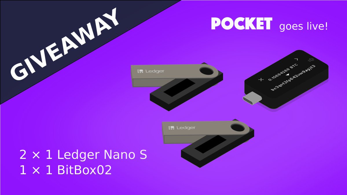 Pocket geht live 🎉

Wir feiern und verschenken Hardware Wallets!!
- 2 x <a href="/Ledger/">Ledger</a> Nano S
- 1 x <a href="/ShiftCryptoHQ/">BitBox</a> BitBox02 

Retweete und like um mitzumachen. Gewinner werden am Mittwoch um 20:00 (CEST) verkündet.

Für künftige Wettbewerbe, folge uns 😉

pck.et/bedingungen