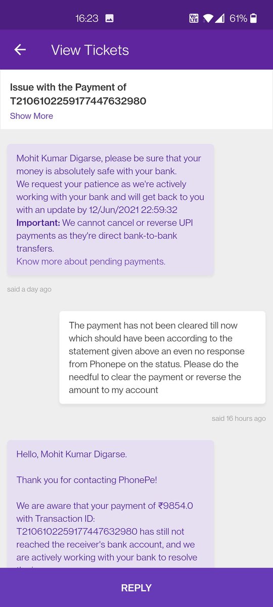 DigarseMohit's tweet photo. @PhonePeSupport @ICICIBank Phonepe needs to understand the importance of money transfers getting delayed, it's not same as merchandise, txn has not been completed till now and not even they have returned the money. Do the needful asap. I request @FinMinIndia to look in these. https://t.co/hluPzidmXQ