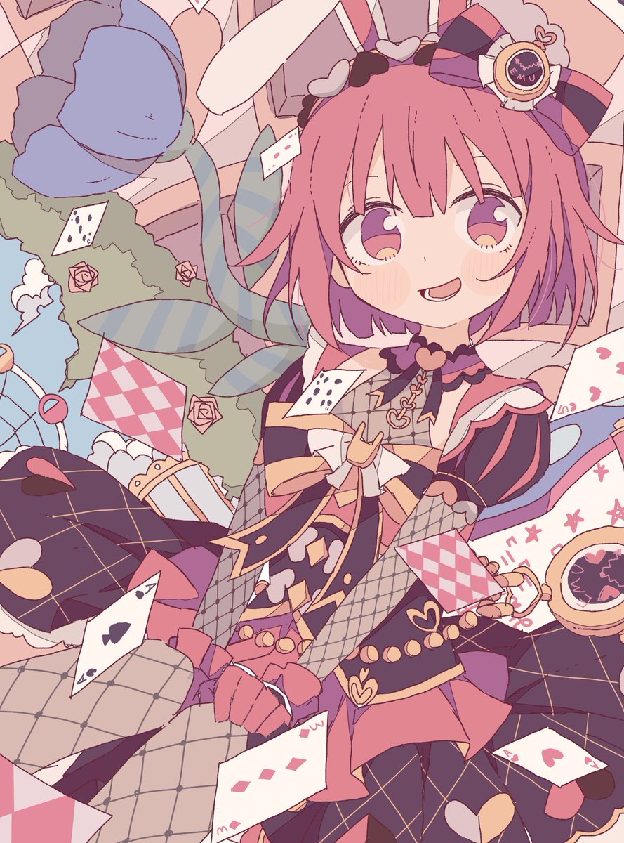 1girl solo rabbit ears gloves playing card card fishnets  illustration images