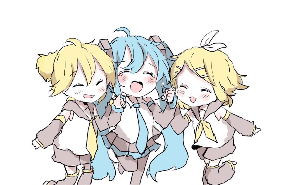 初音ミク ,鏡音レン ,鏡音リン 「「一緒だね」 」|sakiのイラスト