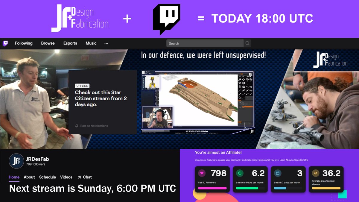 JRDesFab's tweet photo. Don't forget to join us today if you can! https://t.co/BJMZcos1J0 at 18:00 UTC for Sunday Evening/Afternoon Makers Stream #SEAMS. @Big___JR &amp; @westbrookdrew will be hosting another fun-filled laid-back chat about all things #StarCitizen models. https://t.co/AXUSlBBfzB