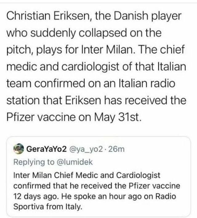 Médico del Inter de Milán habría confirmado que el jugador danés había sido vacunado hace dos semanas. Medico dell'Inter a Milano avrebbe confermato che il giocatore danese sarebbe stato vaccinato due settimane fa! Gracias @makucasado Toma ya!!!