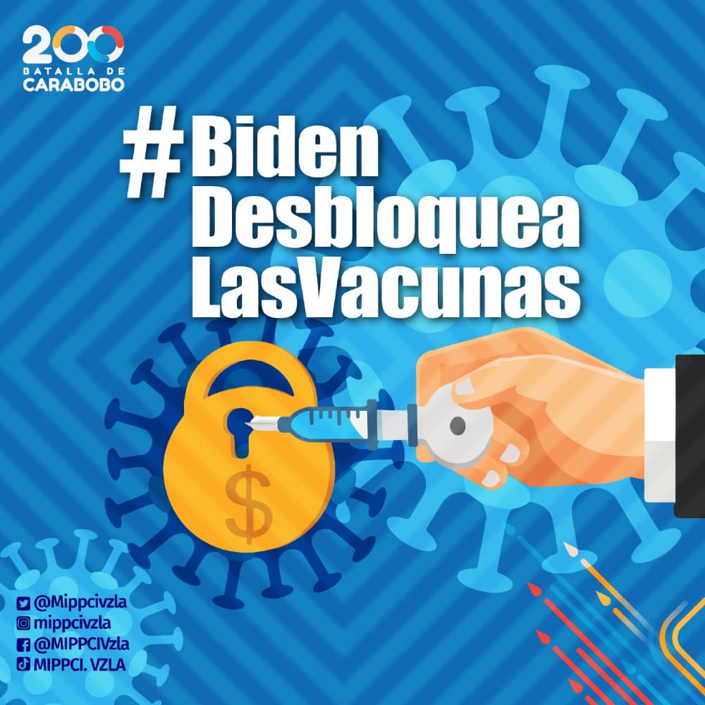 #13Jun |🇻🇪📢 ¡ETIQUETA DEL DÍA!▶️

#BidenDesbloqueaLasVacunas

El pueblo venezolano exige respeto al derecho universal a la salud.  

No más robo criminal.
¡Defenderemos la Patria! 

<a href="/PrensaPequiven/">Pequiven</a> 
#Pequiven