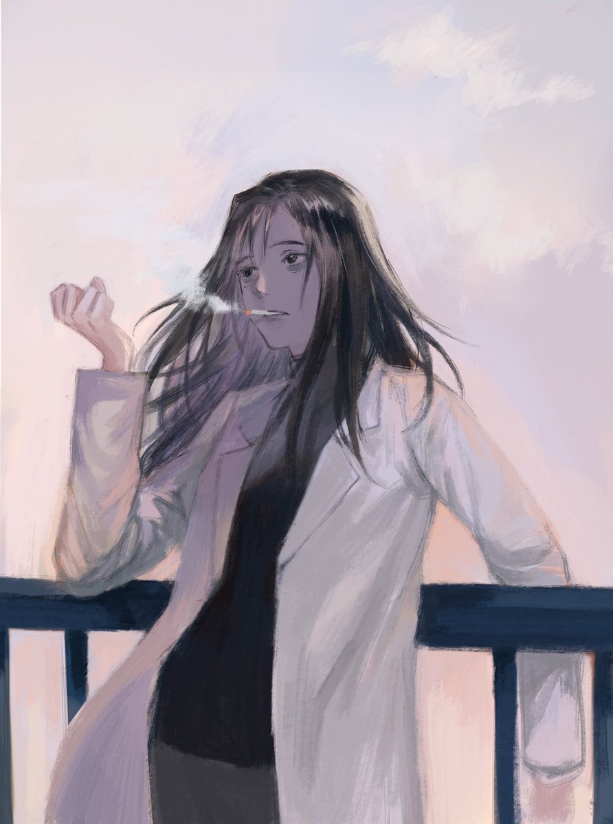 1girl solo smoking cigarette long hair railing black hair  illustration images