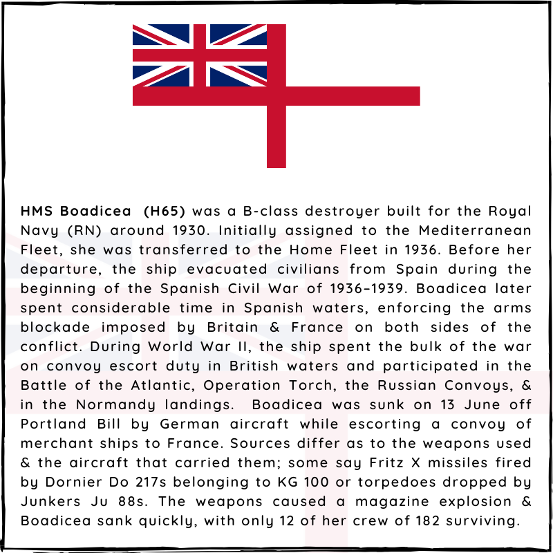 BritishHistorym's tweet photo. #otd 13 June 1944 - HMS Boadicea (H65) was sunk by German aircraft.
The weapons caused a magazine explosion & Boadicea sank quickly, with only 12 of her crew of 182 surviving.
#HMSBoadicea #Royalnavy #Britishhistory #Lestweforget @NatMuseumRN @RoyalNavy https://t.co/rEj2Y3Pq8W