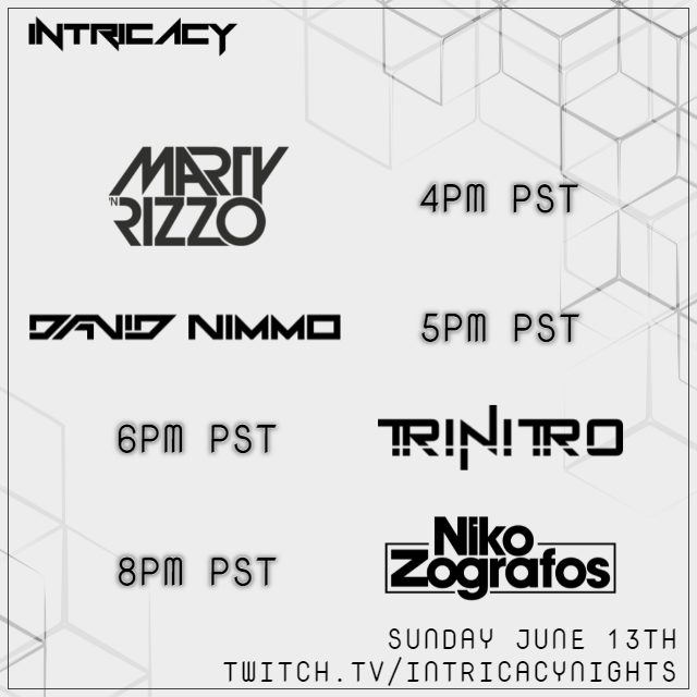 IntricacyNights's tweet photo. Sunday Funday! Twitch today starting at 4pm PST/ 7pm EST with @Martyandrizzo , @DavidNimmo , @Trinitromusic1 & @NikoZografos at https://t.co/F0WXPdZZ5h
#musictogether #twitch #intricacy @Trinitromusic #martyandrizzo #nikozografos #davidnimmo https://t.co/8HYGEU7yxz