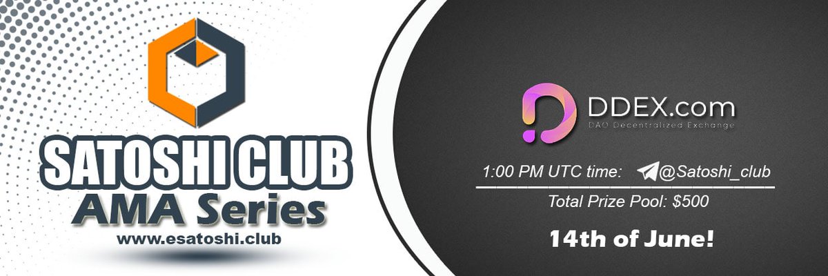 Join us for the upcoming AMA with @esatoshiclub 🔥 📅 When: 14th June, 2021 ⏰ Time: 1:00 PM UTC 📍 Where: t.me/Satoshi_club 💰 Reward Pool: 500$ 📝 Details: esatoshi.club/ama-satoshi-cl… $DDX #AMA #DDEX #Heco #BSC #Blockchain #Crypto