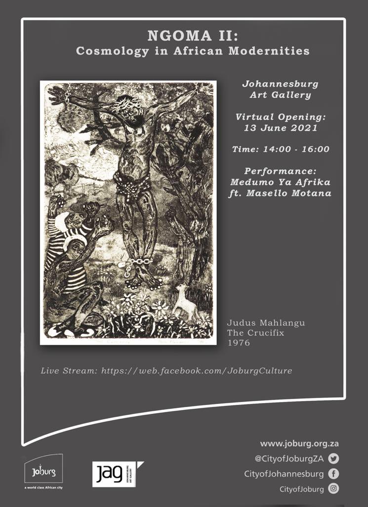 Happening now: Virtual opening of the exhibition Ngoma II, at the Joburg Art Gallery. Livestream on Facebook link below. Beautiful walk-about and talk by the chief curator Khwezi Gule.  

A whole education on a African Cosmologies via visual art by a selection of SA artists.
