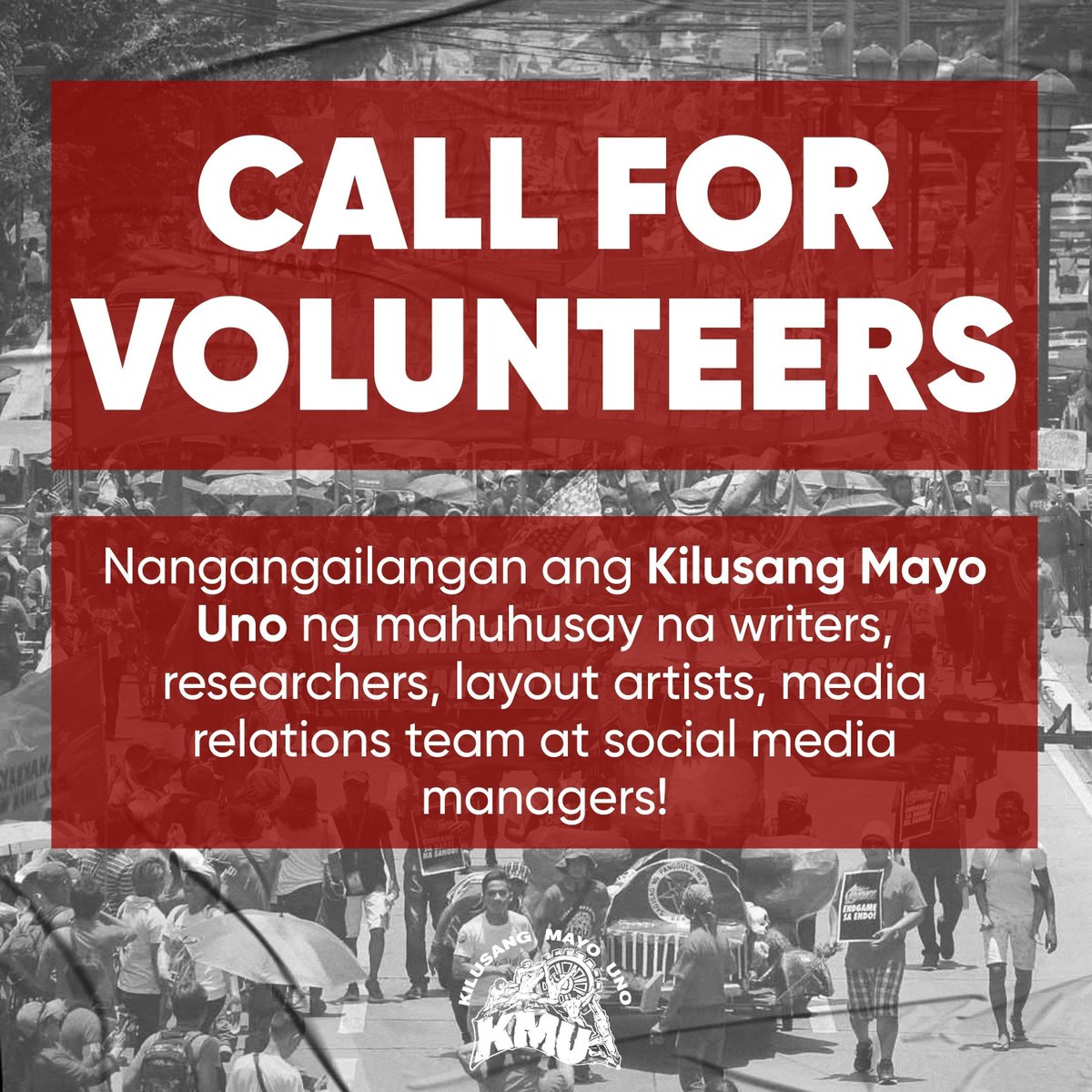 kilusangmayouno's tweet photo. Nais mo bang maging Labor Rights Advocate? Nangangailangan ang Kilusang Mayo Uno ng mahuhusay na writers, researchers, layout artists, media relations team at social media managers. Sagutan ang form na ito para maging volunteer!

https://t.co/oBG0lertd5 https://t.co/K5Xb49ar1j