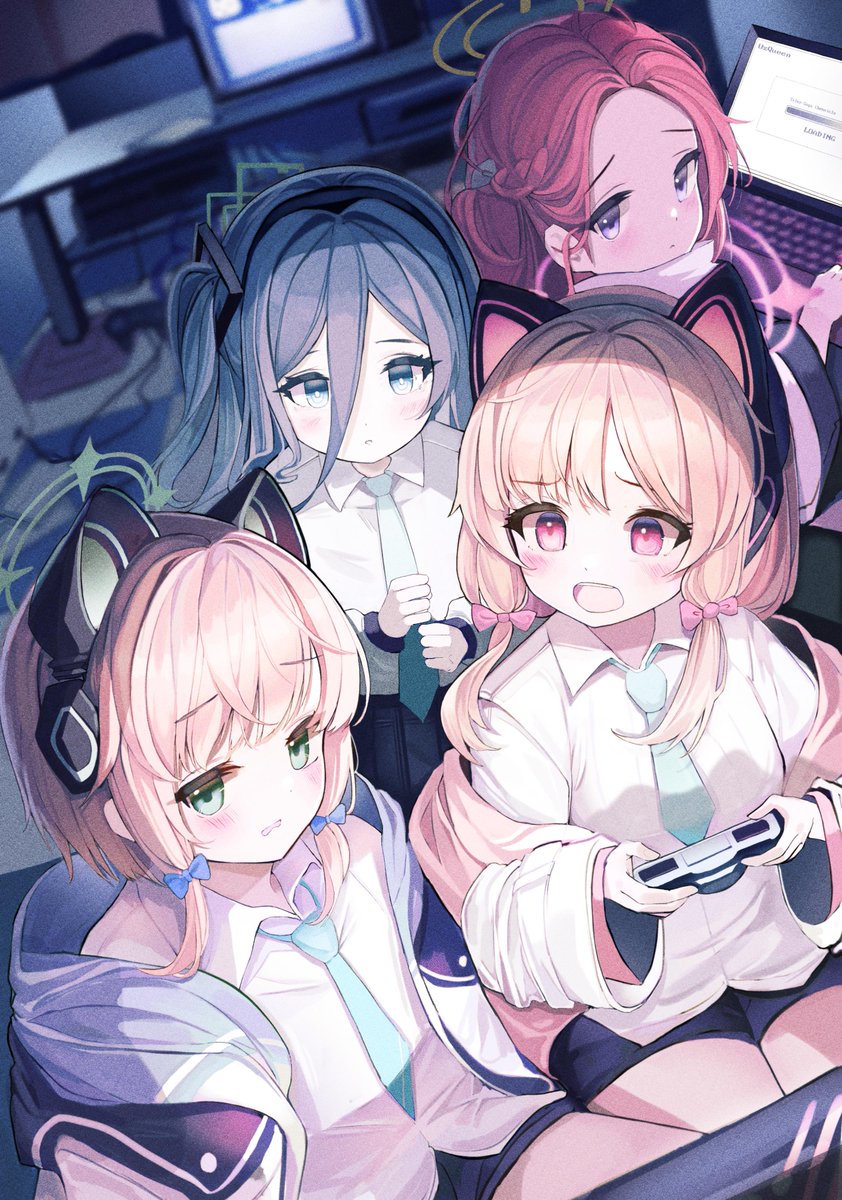 aris (blue archive) ,midori (blue archive) ,momoi (blue archive) multiple girls 4girls halo necktie animal ears fake animal ears game controller  illustration images