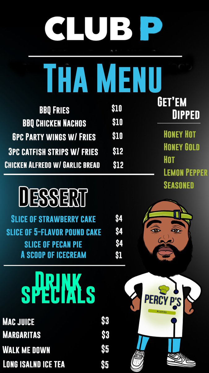 PercyPPlates's tweet photo. Menu for Thursday Pull Up to Club P🚗💨 https://t.co/SZ1o0Y63Pk