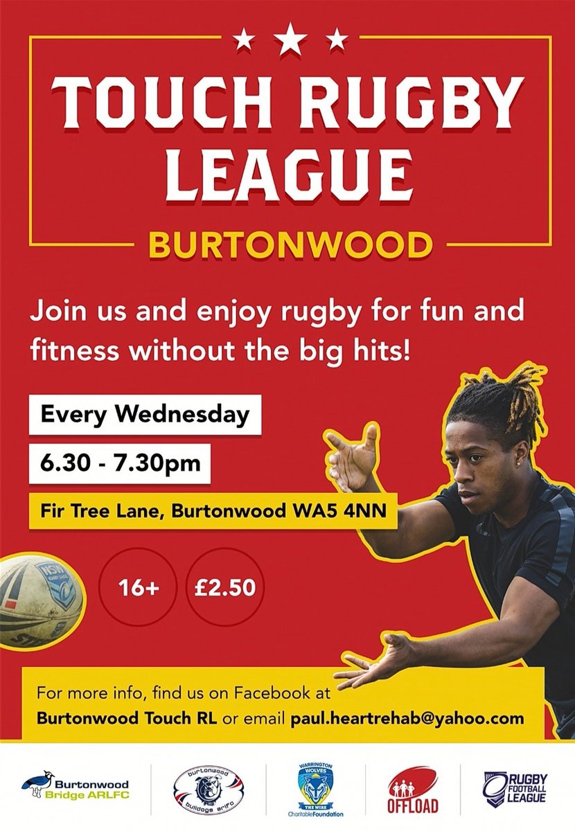 This Wednesday, all abilities welcome, fun and finess and post beer refreshments 🏈🙌💪 <a href="/WWRLFoundation/">Warrington Wolves Community Foundation</a> <a href="/philbss/">Philbs</a> <a href="/leemitch88/">Lee Mitchell</a> <a href="/MoveMENt_WA/">MoveMENt_WA</a> <a href="/Chrishilly1987/">Chris Hill</a> <a href="/adamhillscomedy/">Adam Hills</a> <a href="/FitToTackle/">Fit To Tackle</a> <a href="/PlayTouchRL/">Play Touch RL</a> <a href="/danscully8/">danny sculthorpe</a> <a href="/PScully13/">Paul Sculthorpe MBE🎗️</a> <a href="/BenoCurrie/">Ben Currie</a> please RT🙏