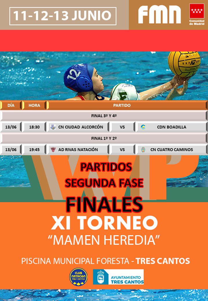 Finales del Torneo Mamen Heredia para cerrar un gran fin de semana de waterpolo en <a href="/CNTRESCANTOS/">CLUB NATACIÓN TRES CANTOS 🏊‍♂️🤽‍♂️🏊‍♀️</a> , vamosss #Rivasss #RivasEntrenaValores <a href="/radiociguena/">radiociguena</a>  <a href="/AytoRivas/">Ayuntamiento de Rivas Vaciamadrid</a> <a href="/fmn_oficial/">FMN</a>