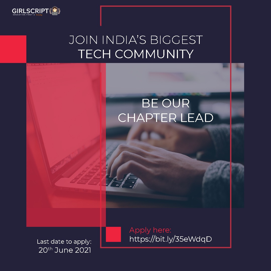 GirlscriptT's tweet image. GirlsScript Trichy is in the lookout for the next chapter Lead to take up the mantle and lead the chapter to the next level.
Link to application:bit.ly/35eWdqD
Deadline: June 20, 2021