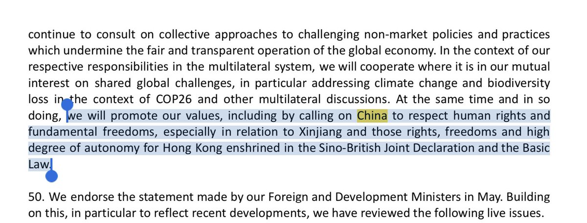 rbsw's tweet photo. JUST OUT
G7 communiqué

Four direct mentions of China:
- market practices
- COVID origins
- human rights in Xinjiang &amp; Hong Kong
- South &amp; East China Sea, Taiwan Strait https://t.co/NTMlqPnJkI
