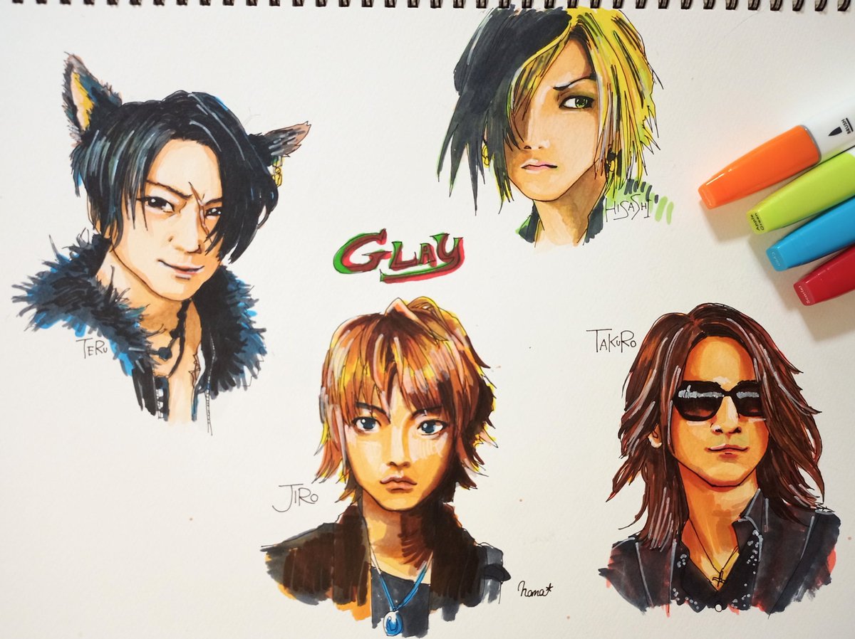 花 Glay Teru Hisashi Jiro Takuro 描きました アルコールマーカーです Teruさんとjiro君は要課題だな Takuroさんは これでもありかな W ロック Glay バンド Teru Takuro Hisashi Jiro お絵描き イラスト アナログ