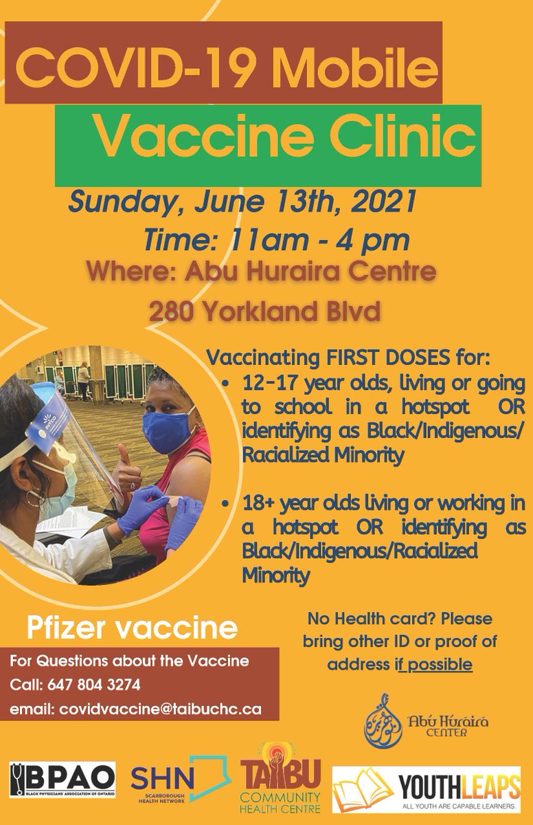 Our mobile clinic is at Abu Huraira Centre today from 11 am onwards. Families are invited for your vaccination. 18+. Food &amp; Refreshment.... No appointments required. <a href="/TAIBU_CHC/">TAIBU Community Health Centre</a> <a href="/SHNcares/">Scarborough Health Network (SHN)</a> <a href="/thebpao/">Black Physicians' Association of Ontario</a> <a href="/youthleaps/">Youth LEAPS</a> <a href="/AbuHurairaAHC/">Abu Huraira Center</a> 280 Yorkland Blvd