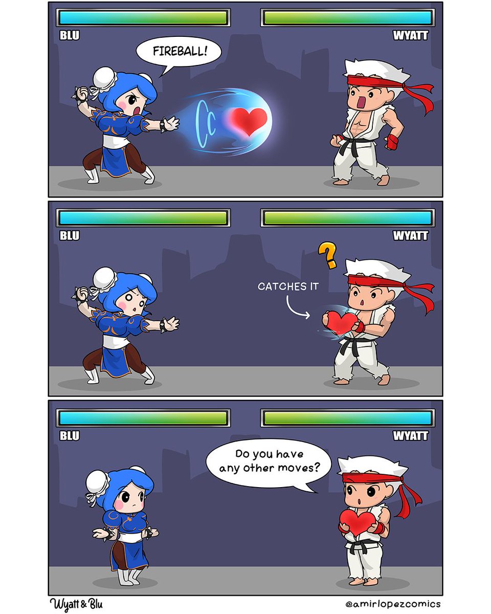 amirlopezcomics's tweet photo. Sending Love
#wyattandblu #comic #webcomic #cartoon #cutecomics #couplecomics #relationshipcomics #lovecomics #lovecartoons #chunli #kikoken #haduken #streetfightermemes #ryu https://t.co/tMCXLKsF6t