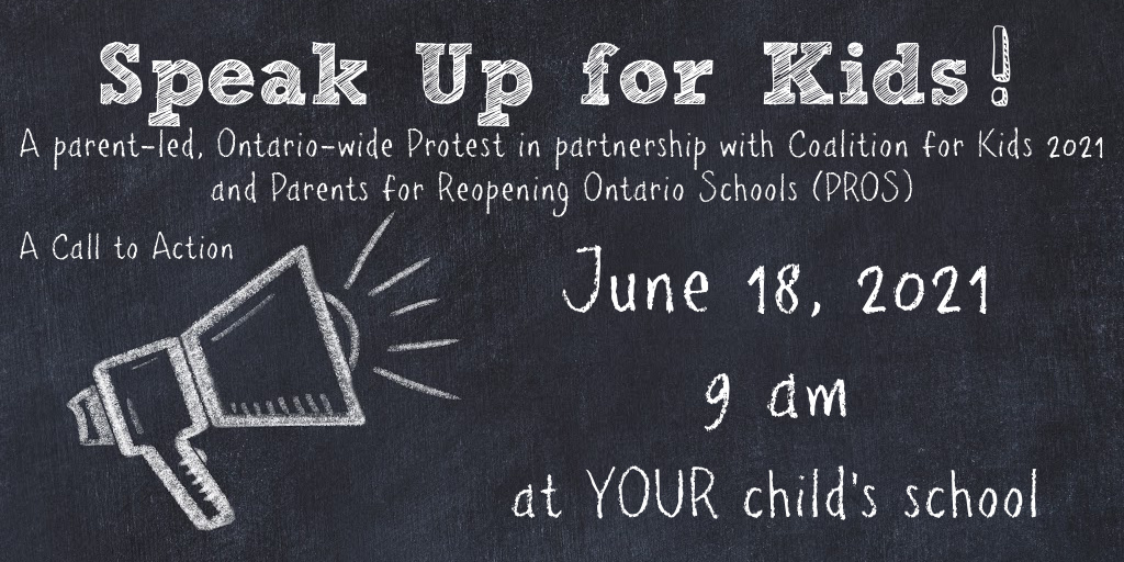 Join this parent-led, province-wide protest June 18th 9 am at your child's school. 

Calling for a return to regularly scheduled in-person school, a recovery plan for kids, and treating school as an essential service.
#WeCANForKids
#SpeakUpForKidsProtest

fb.me/e/2hnl4AdmT