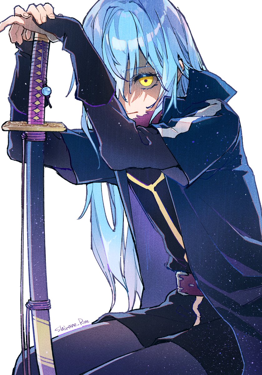 rimuru tempest weapon long hair sword yellow eyes blue hair 1other white background  illustration images