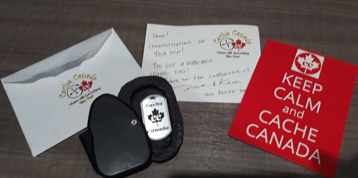runningtexas5k's tweet photo. Saturday Geo-mail bag alert! Received this nice @CacheCanada dog tag. Won it in a recent drawing. Getting it ready to put out in a rock geocache. #CacheCanada #Trackable #WhereWillGeocachingTakeYou https://t.co/45K4y5fNpu